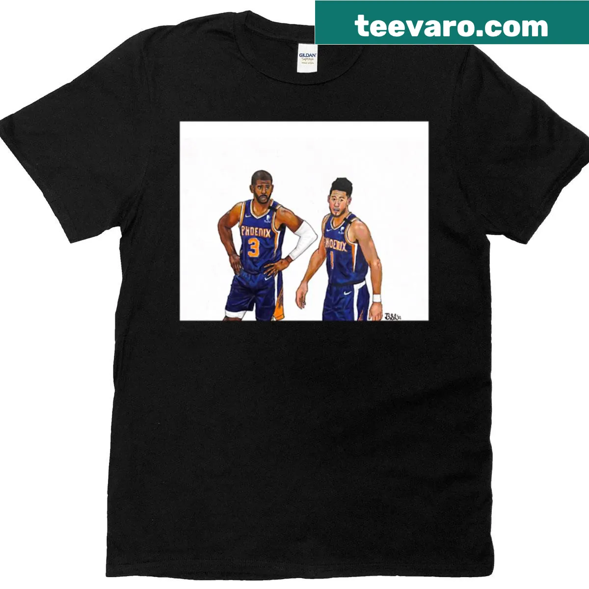 Illustration of Chris Paul and Devin Booker on a Phoenix Suns T-shirt — on a men's t-shirt
