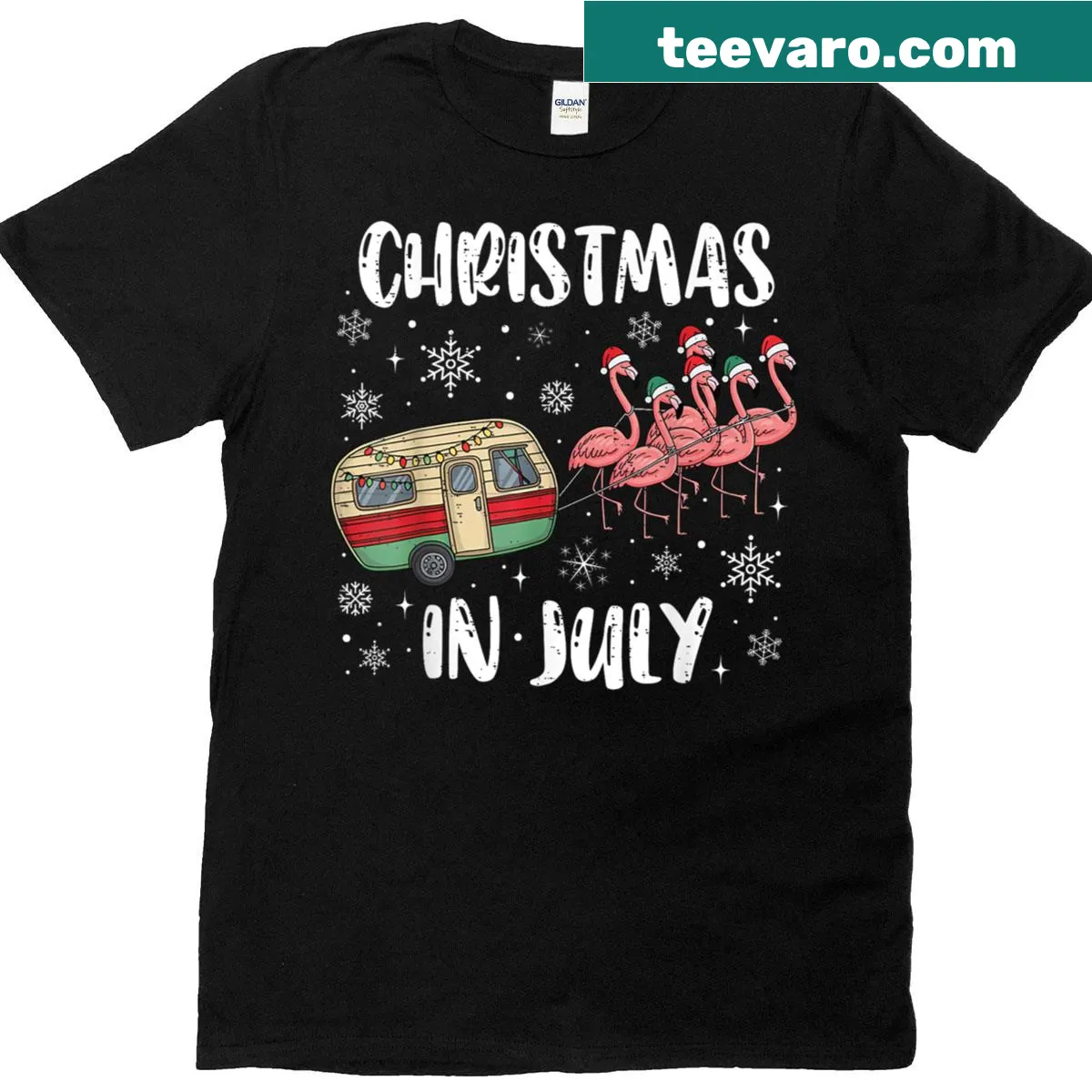 Flamingo and trailer illustration celebrating Christmas in July — on a men's t-shirt