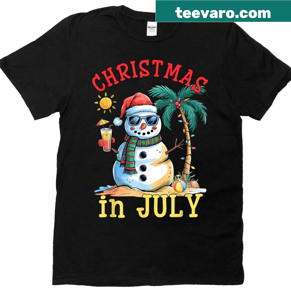 Playful snowman illustration in beach setting for Christmas in July — on a men's t-shirt