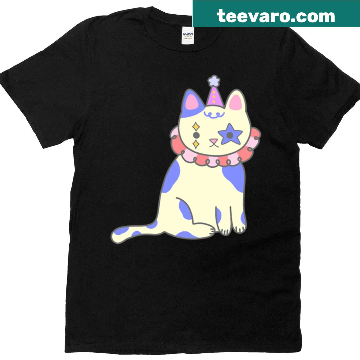 Playful clown cat design on a fun t-shirt for cat lovers — on a men's t-shirt