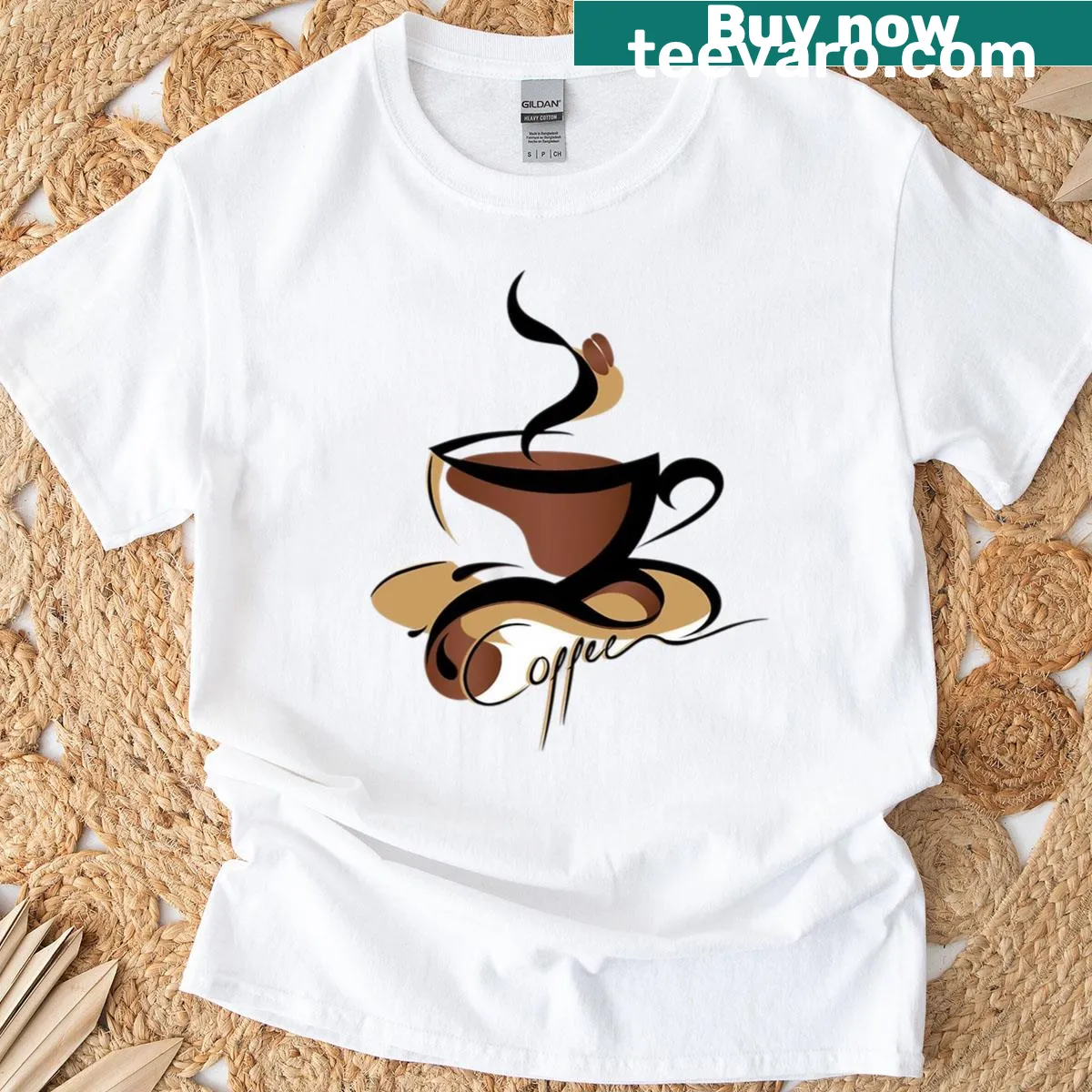 Funny coffee-themed T-shirt with graphic of a coffee cup — on a men's t-shirt