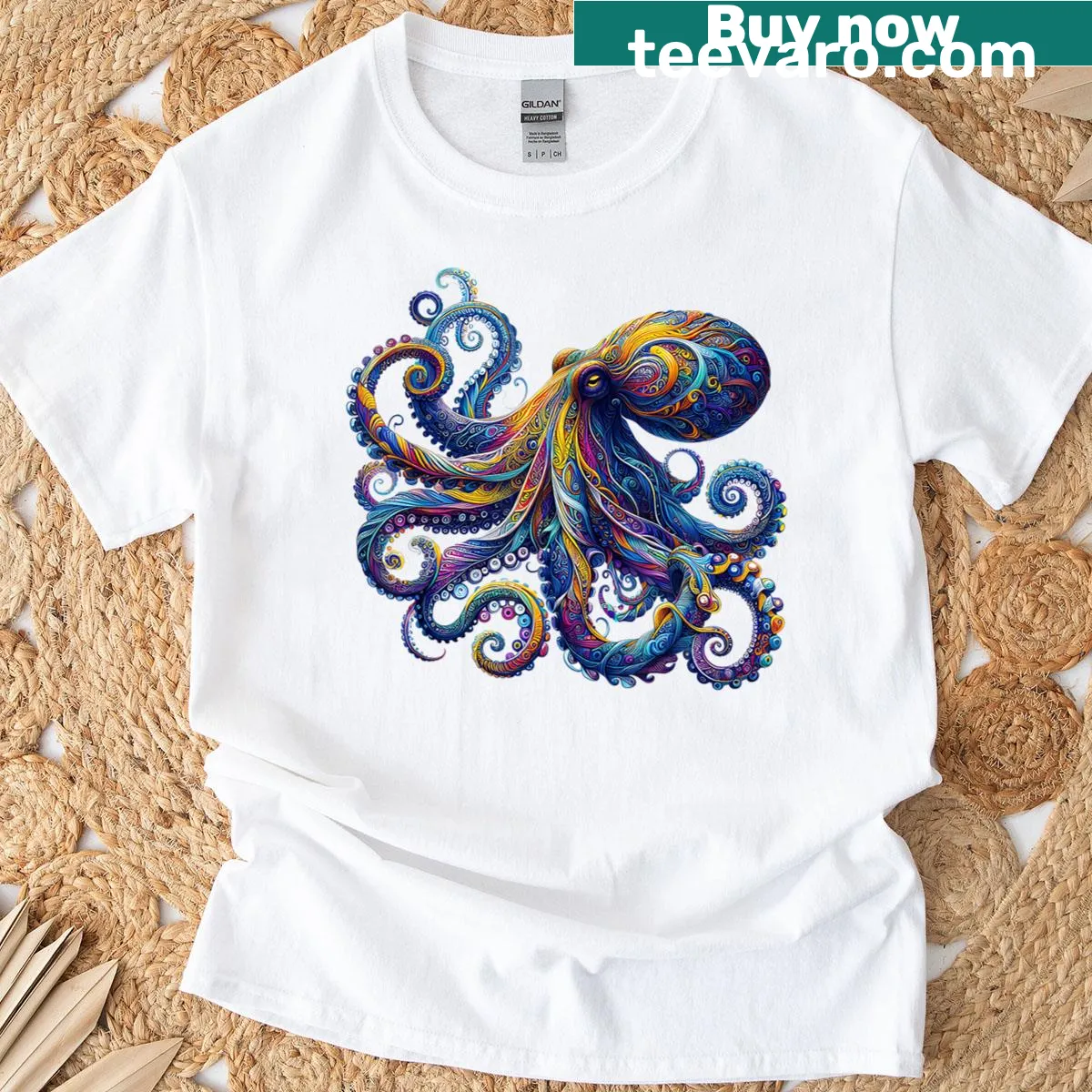 T-shirt featuring whimsical octopus and squid illustrations — on a men's t-shirt