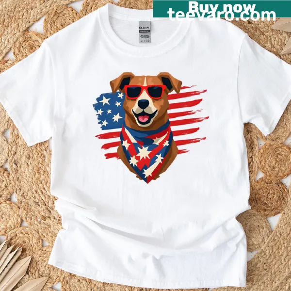 Illustration of a patriotic dog with stars and stripes