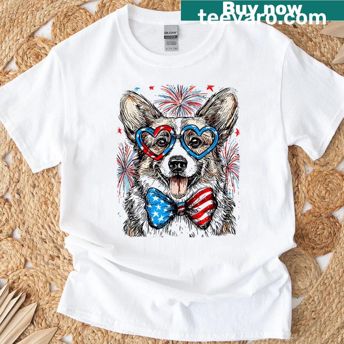 Corgi dog illustration with American flag bow — on a men's t-shirt