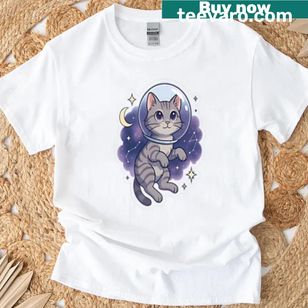 Whimsical T-shirt featuring a cat astronaut in space
