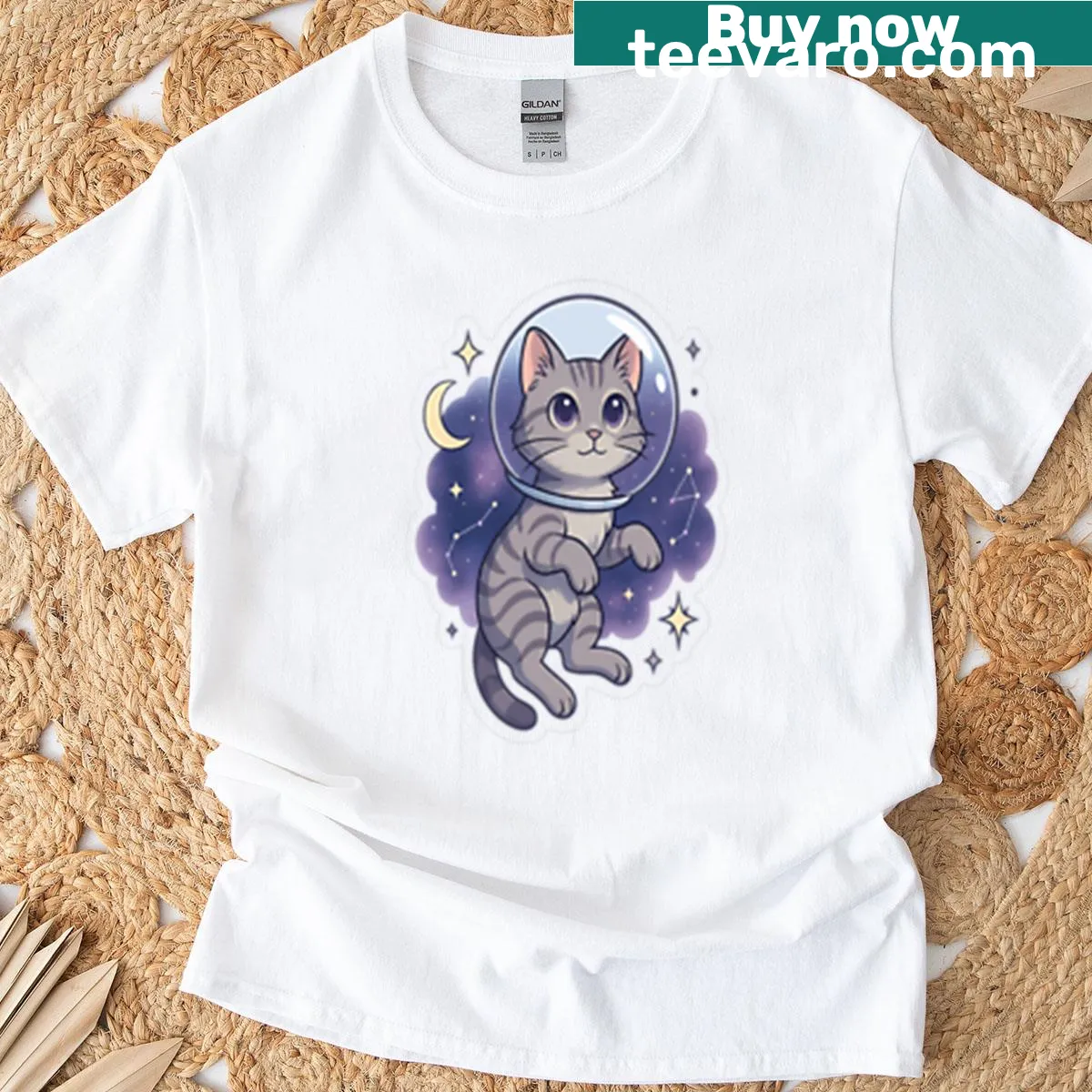 Whimsical T-shirt featuring a cat astronaut in space — on a men's t-shirt