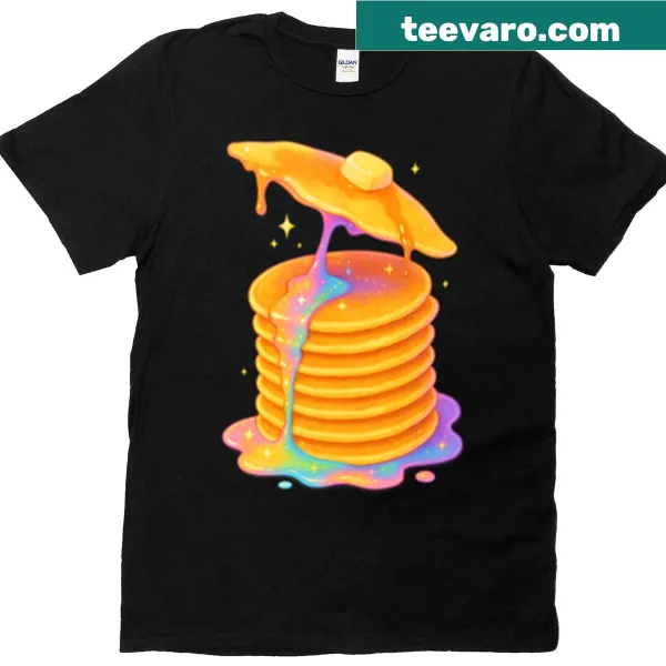 Playful graphic of cosmic rainbow pancakes on a T-shirt.