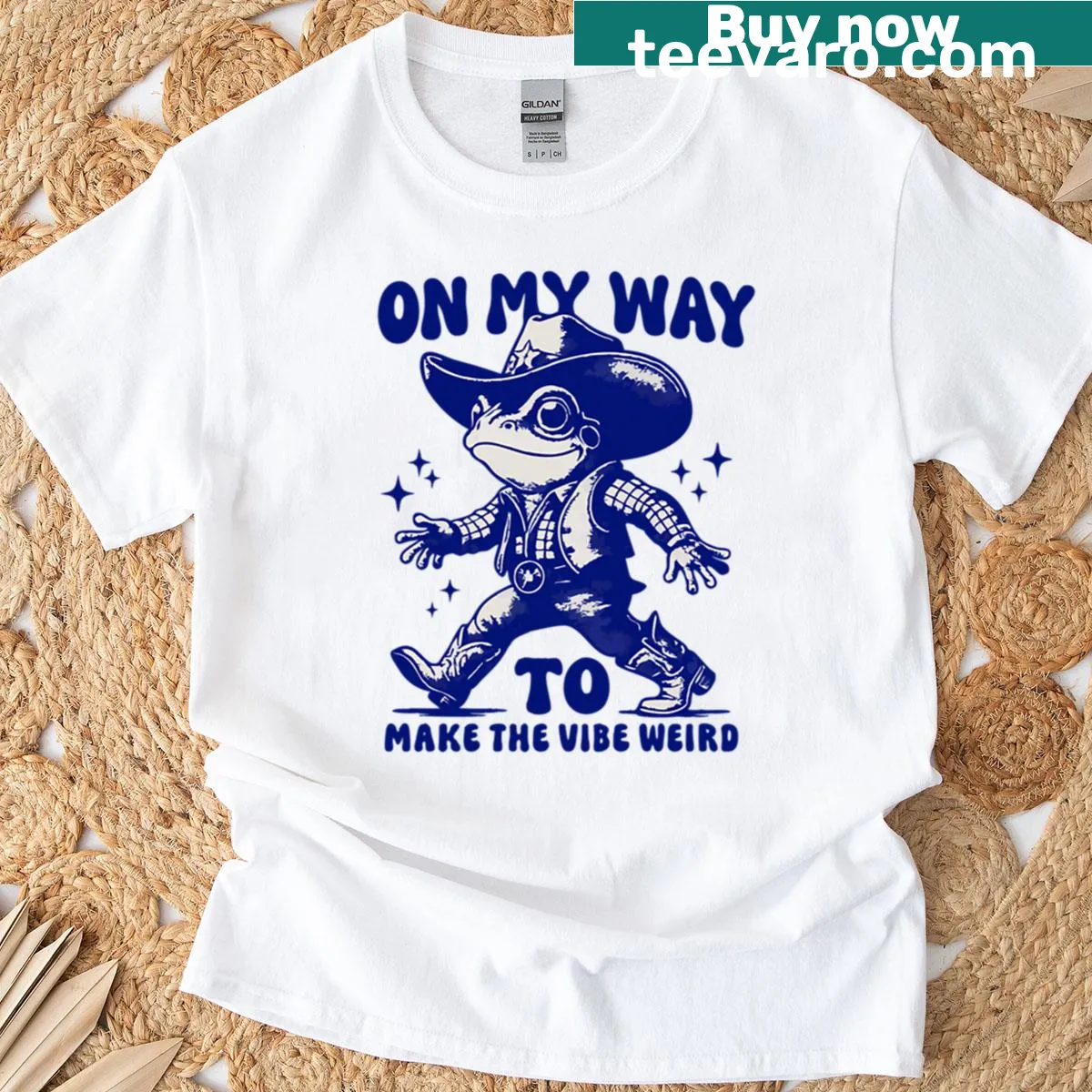 Cartoon cowboy frog t-shirt for quirky humor lovers — on a men's t-shirt