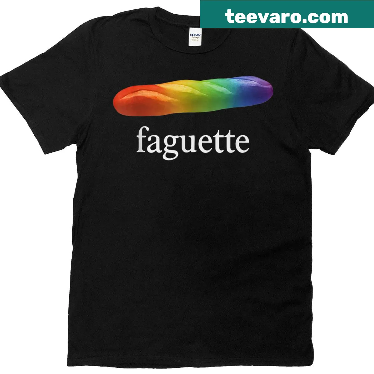 Cartoon baguette t-shirt with rainbow design and text — on a men's t-shirt