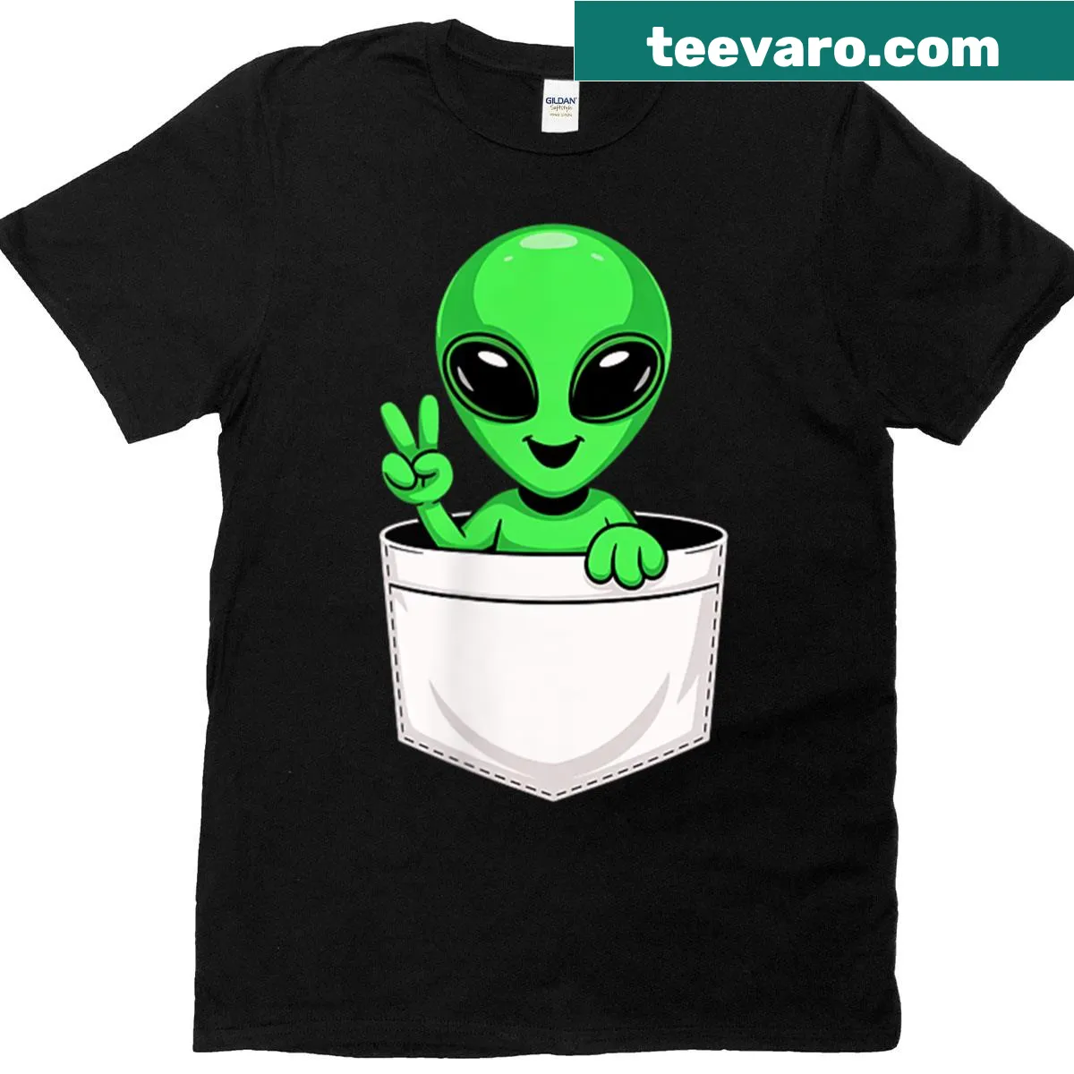T-shirt with a cute green alien graphic giving a peace sign — on a men's t-shirt