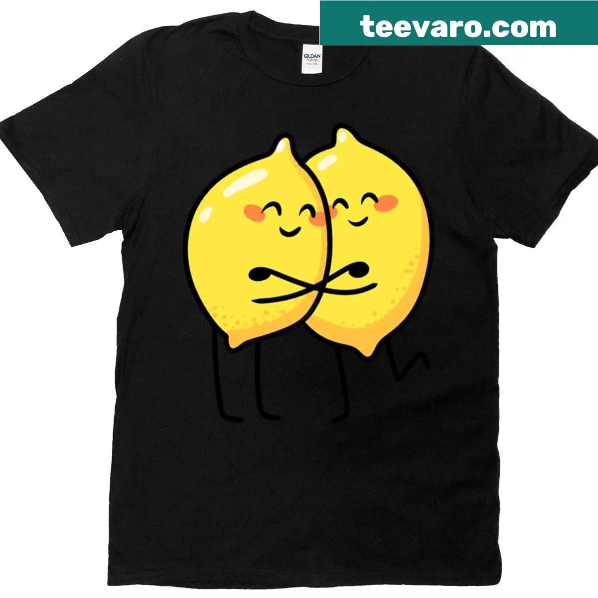 Cartoon t-shirt featuring cute hugging lemons with smiling faces — on a men's t-shirt
