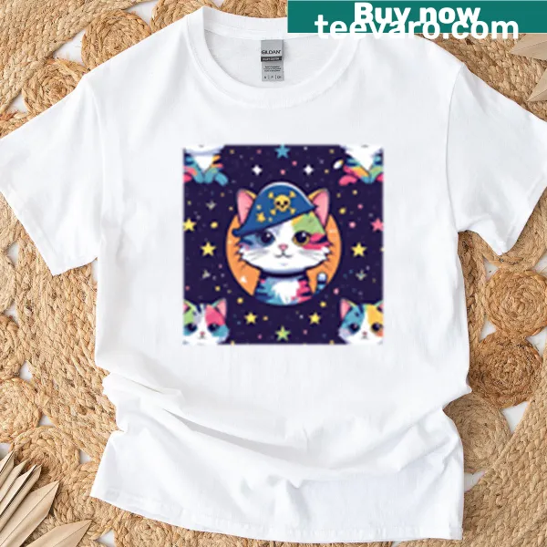 Cartoon pirate cat floating in space t-shirt for cat lovers