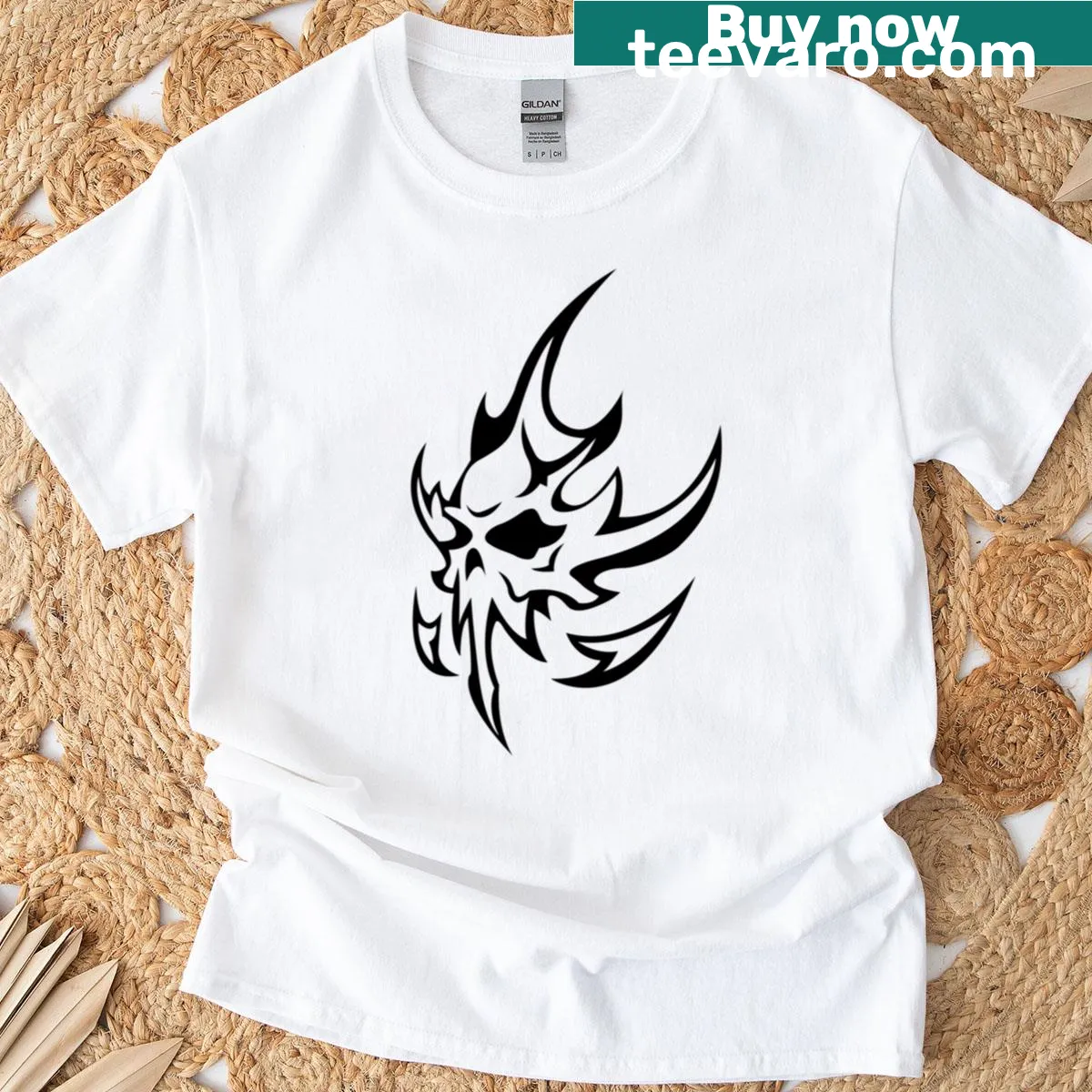 Silhouette T-shirt featuring a skull and sigil designs — on a men's t-shirt
