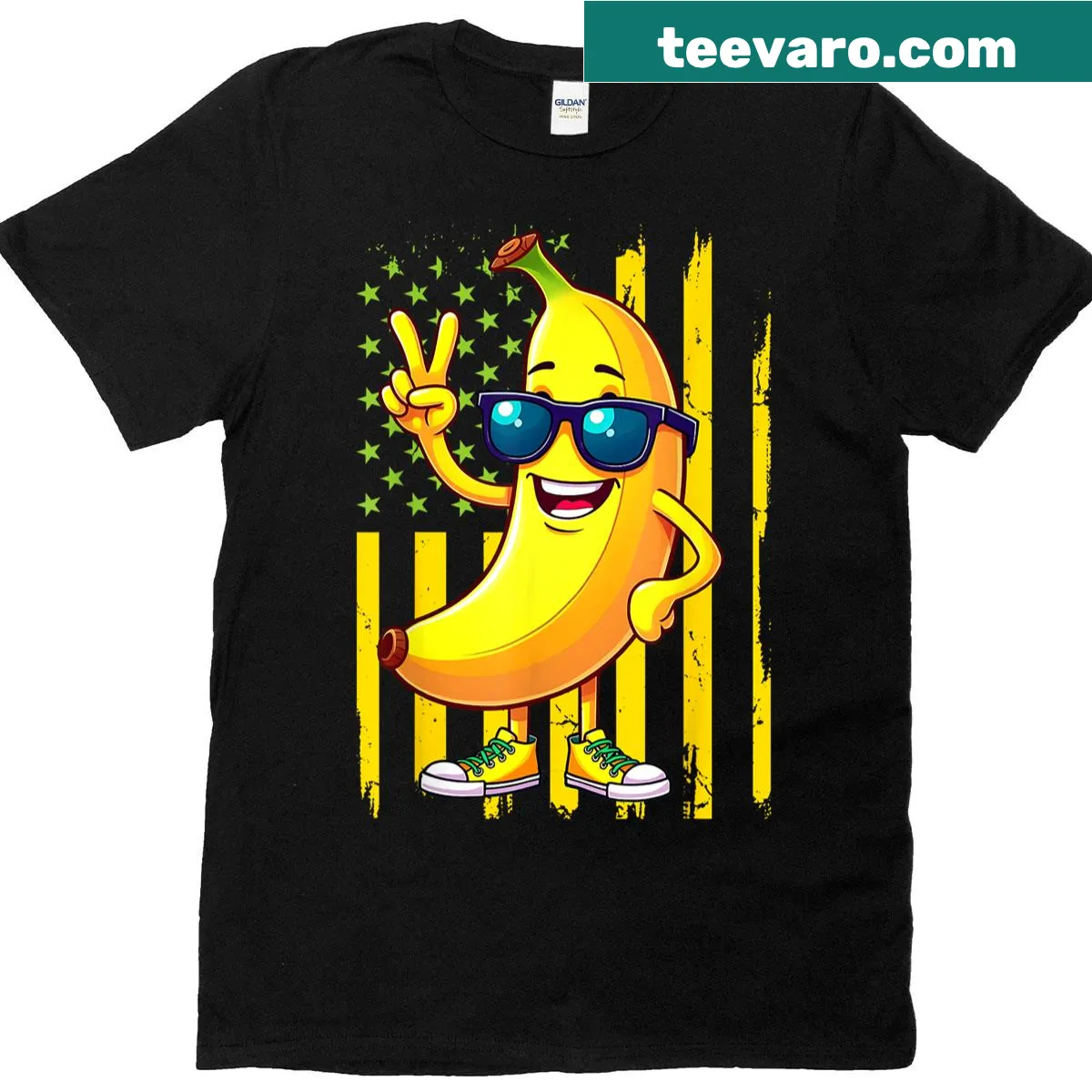 Dabbing banana t-shirt with American flag design — on a men's t-shirt