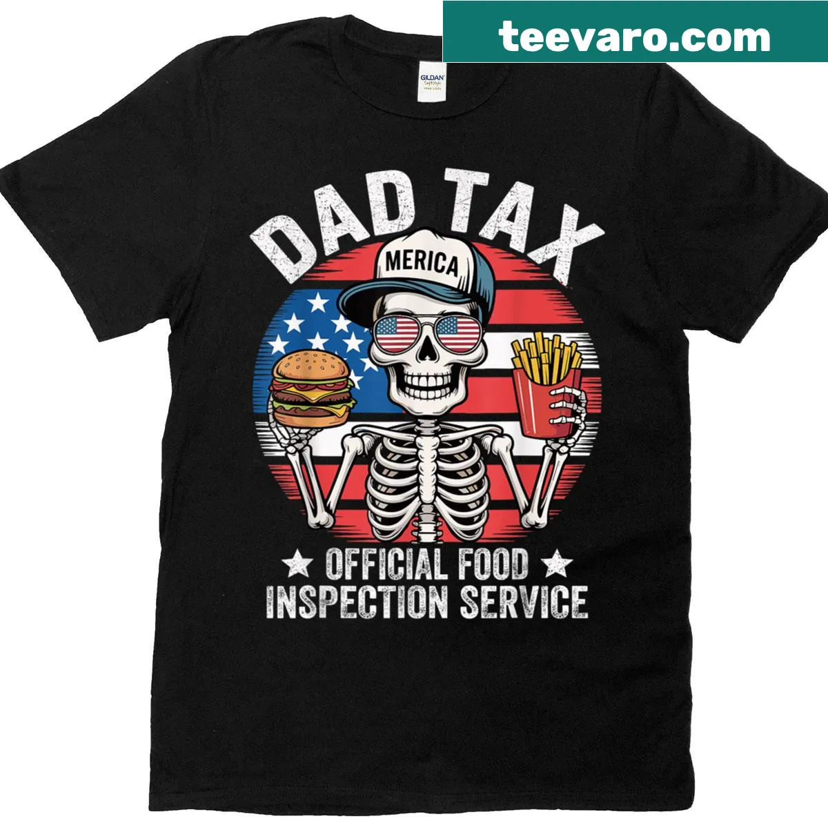 Funny skeleton graphic t-shirt about Dad Tax and food inspection — on a men's t-shirt