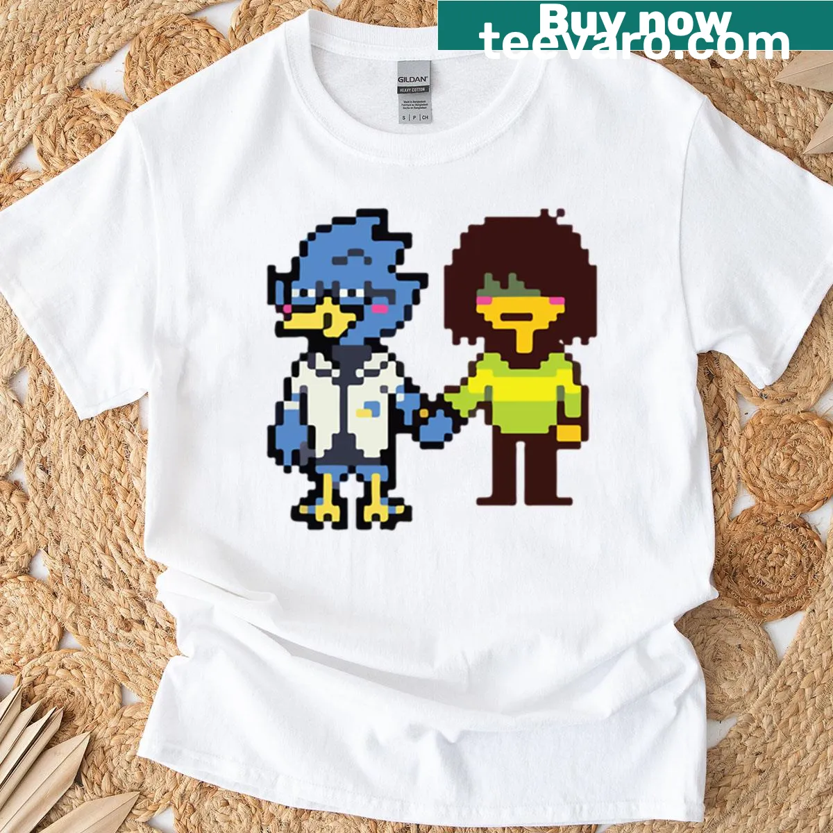 Oversized Deltarune tee featuring Berdly and Kris in illustration. — on a men's t-shirt