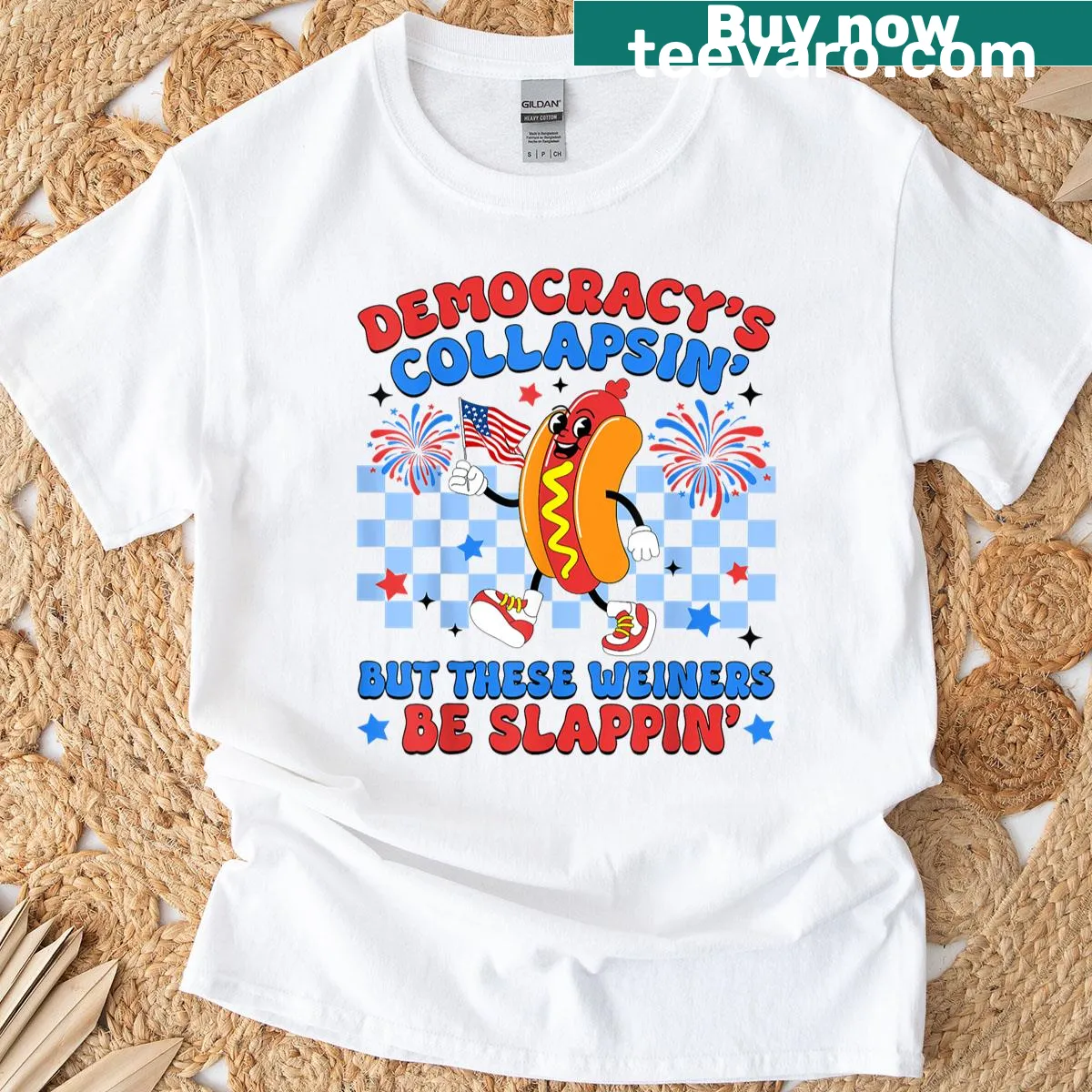 Playful T-shirt featuring hotdogs with a humorous quote about democracy. — on a men's t-shirt