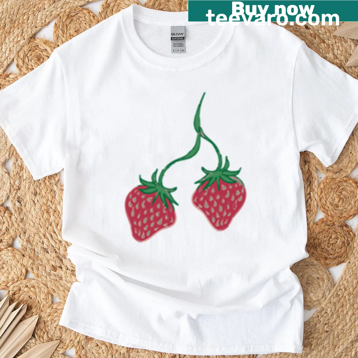 Minimalist double strawberry motif on a T-shirt — on a men's t-shirt