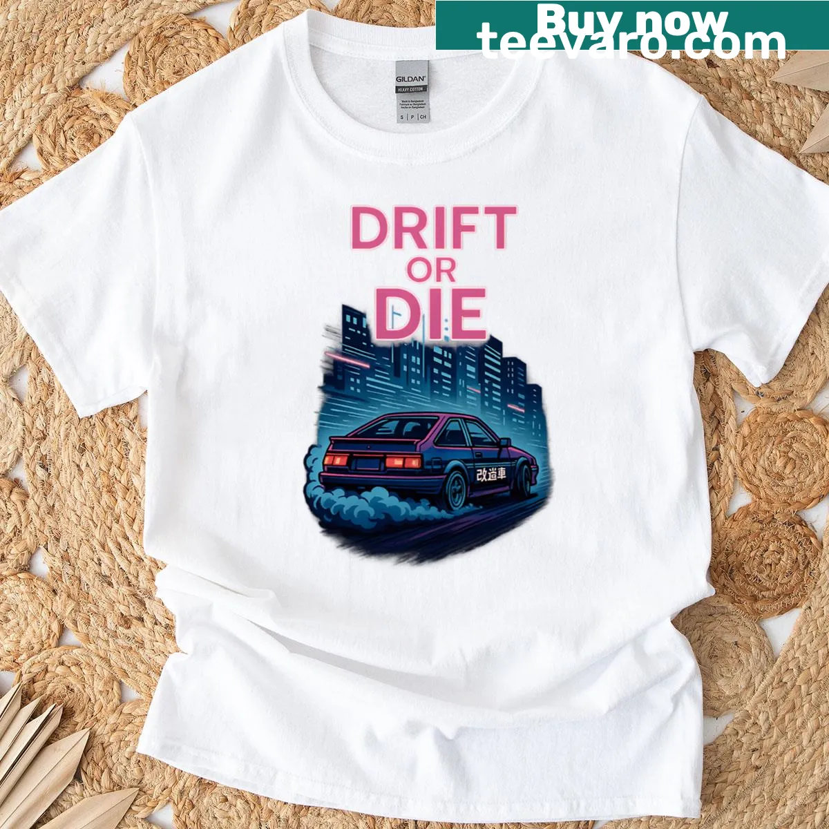 Bold 'Drift Or Die' graphic on street racing art t-shirt — on a men's t-shirt