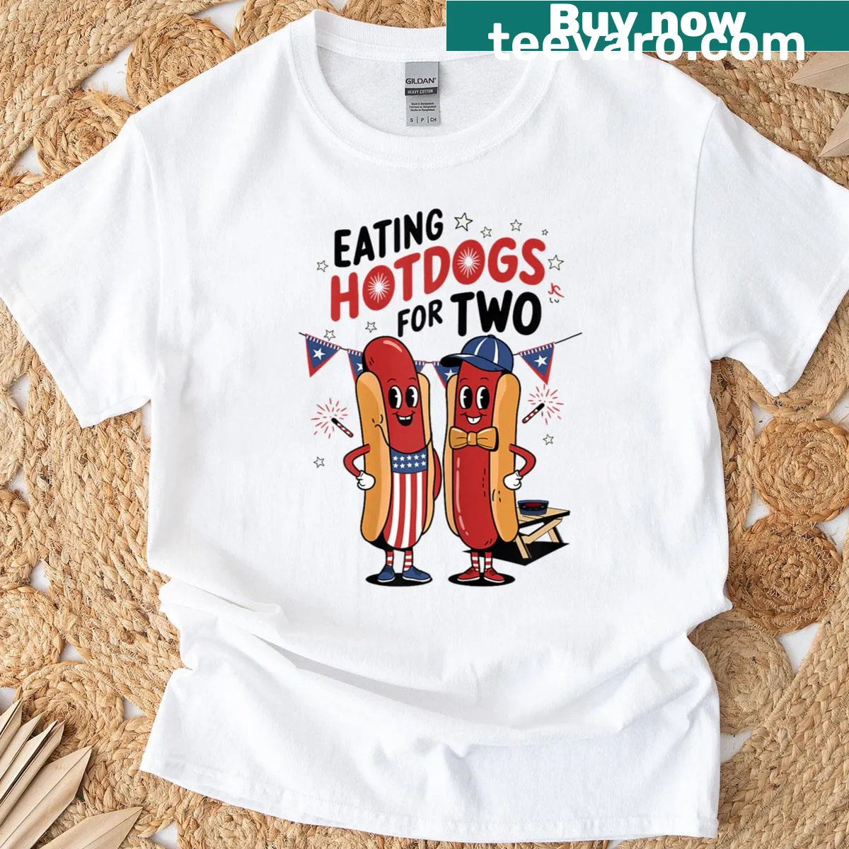 Funny pregnancy t-shirt for Fourth of July with hotdog graphic — on a men's t-shirt