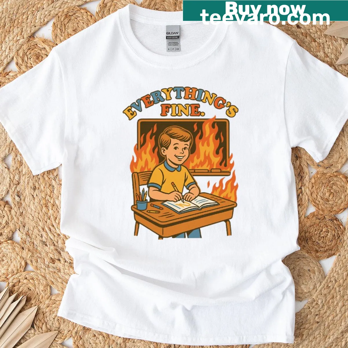 Retro humorous t-shirt for kids with the phrase 'Everything's Fine' — on a men's t-shirt