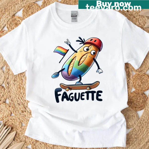 Playful T-shirt featuring an illustrated baguette with a face