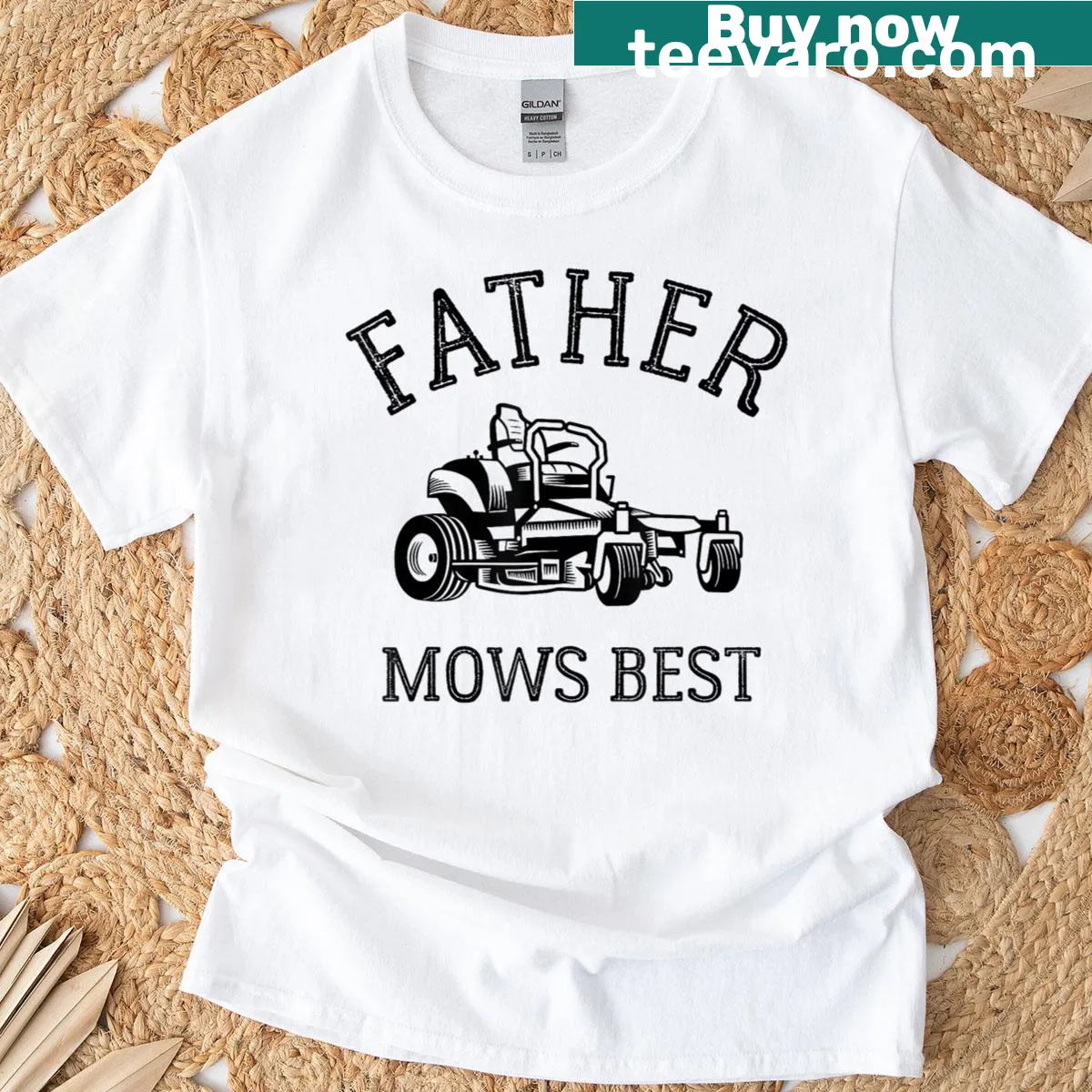 Funny lawn mowing dad t-shirt with the text 'Father Mows Best' — on a men's t-shirt