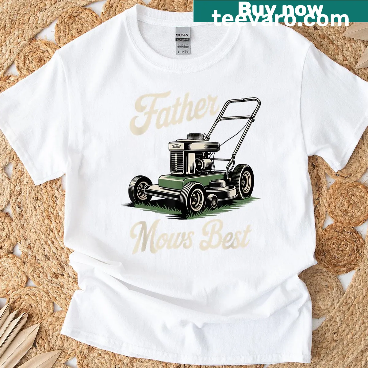Funny lawn mowing dad joke t-shirt — on a men's t-shirt