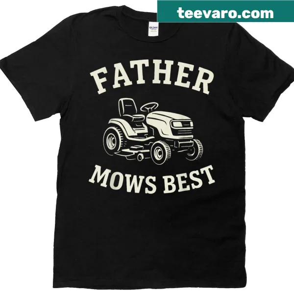 Retro t-shirt with 'Father Mows Best' and riding mower graphics