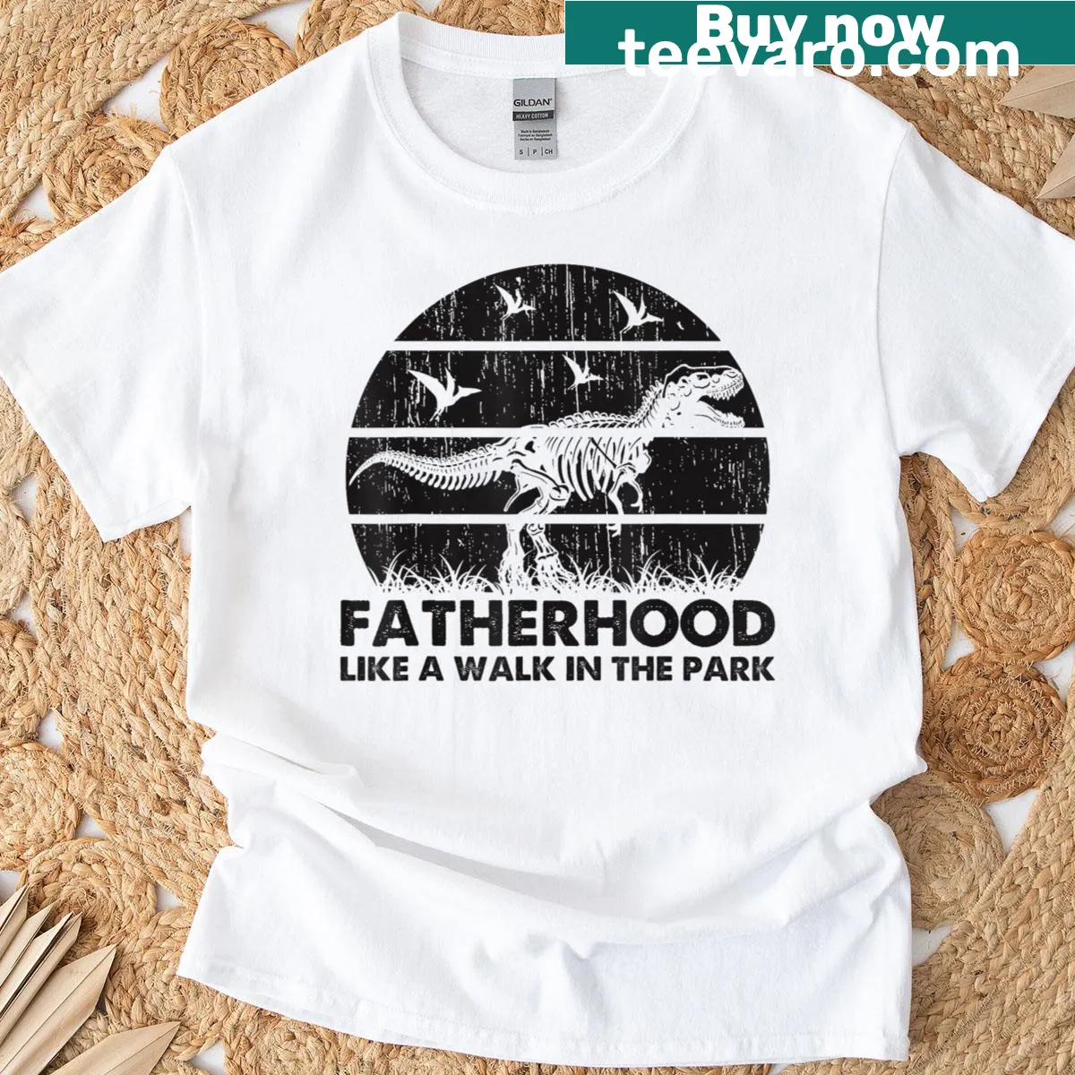 Funny T-rex fatherhood t-shirt — on a men's t-shirt