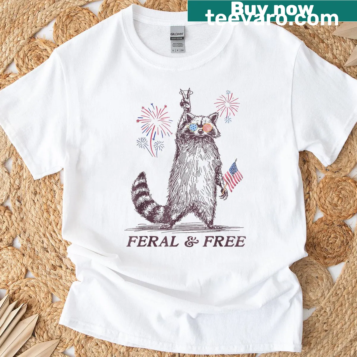 Playful raccoon T-shirt with 4th of July theme — on a men's t-shirt