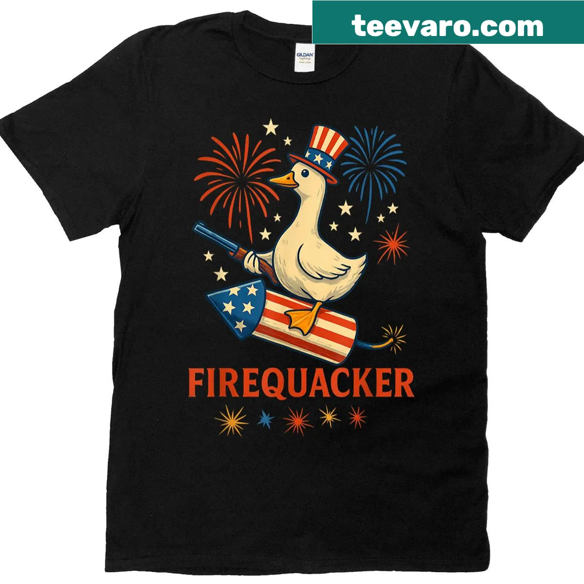 Funny goose with fireworks for 4th of July t-shirt — on a men's t-shirt