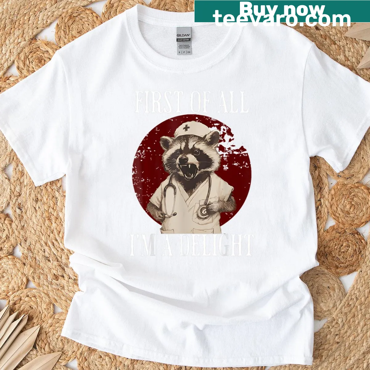 Funny raccoon nurse T-shirt with playful illustration of a raccoon in scrubs — on a men's t-shirt