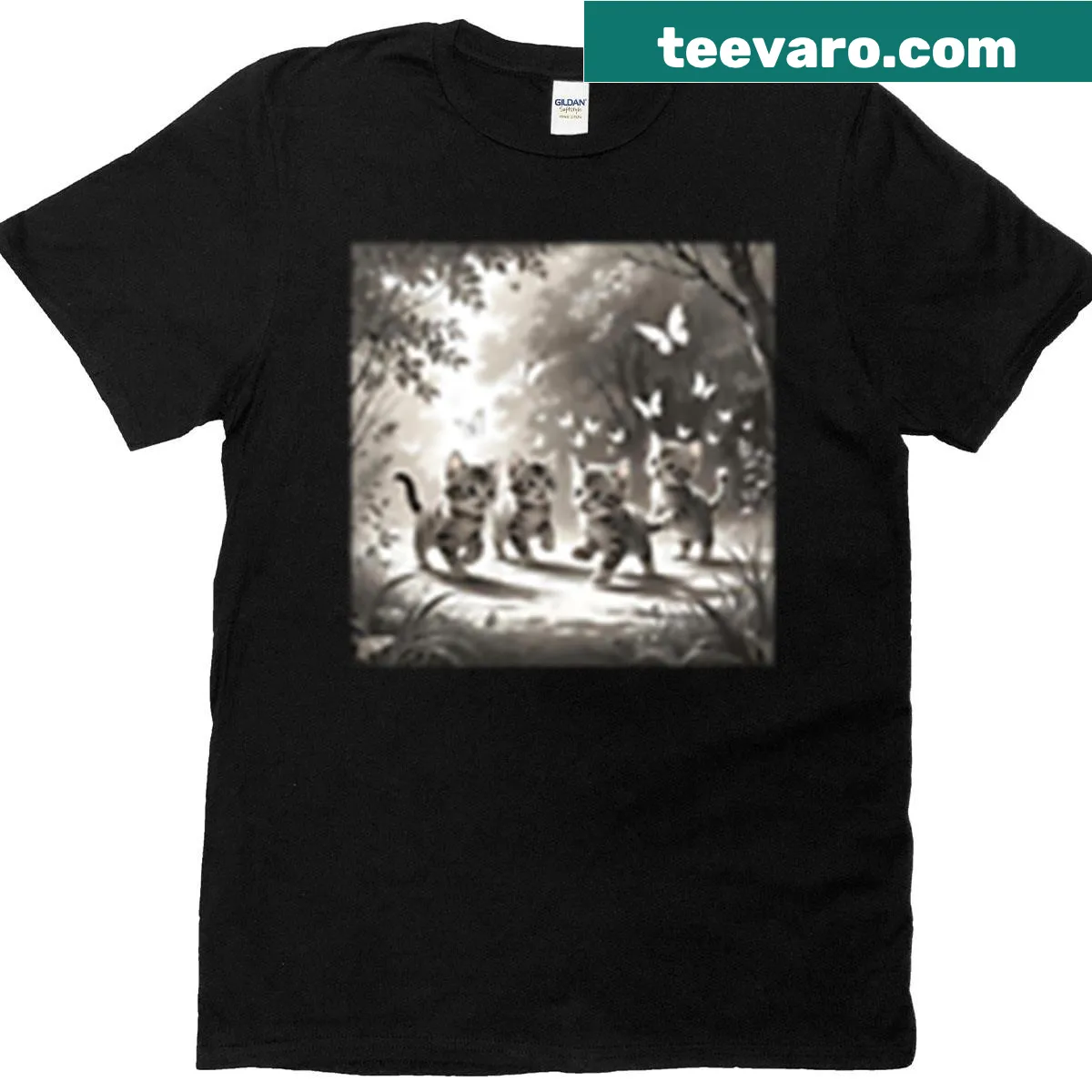 Illustration of four cute kittens playing on T-shirt — on a men's t-shirt
