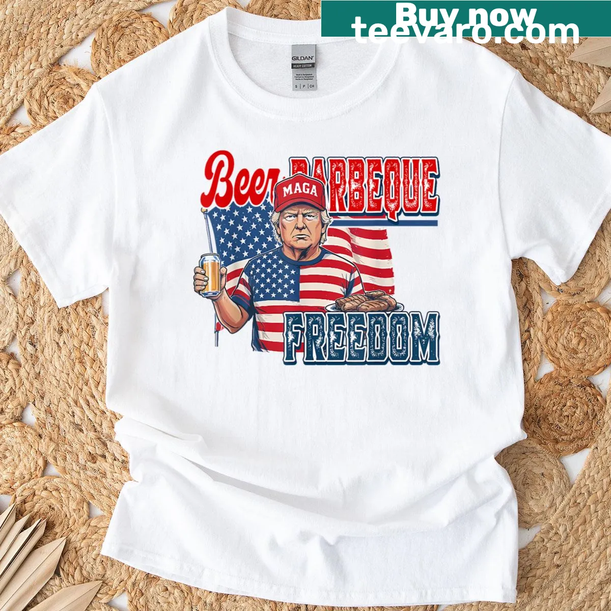 Funny Fourth of July T-shirt with BBQ and patriotic graphics — on a men's t-shirt