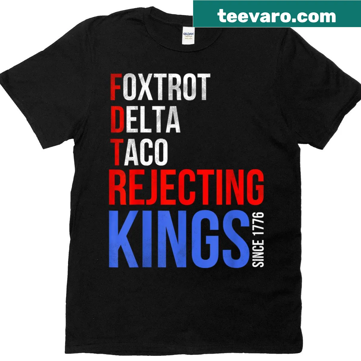 Patriotic shirt with USA flag and text about kings in America. — on a men's t-shirt