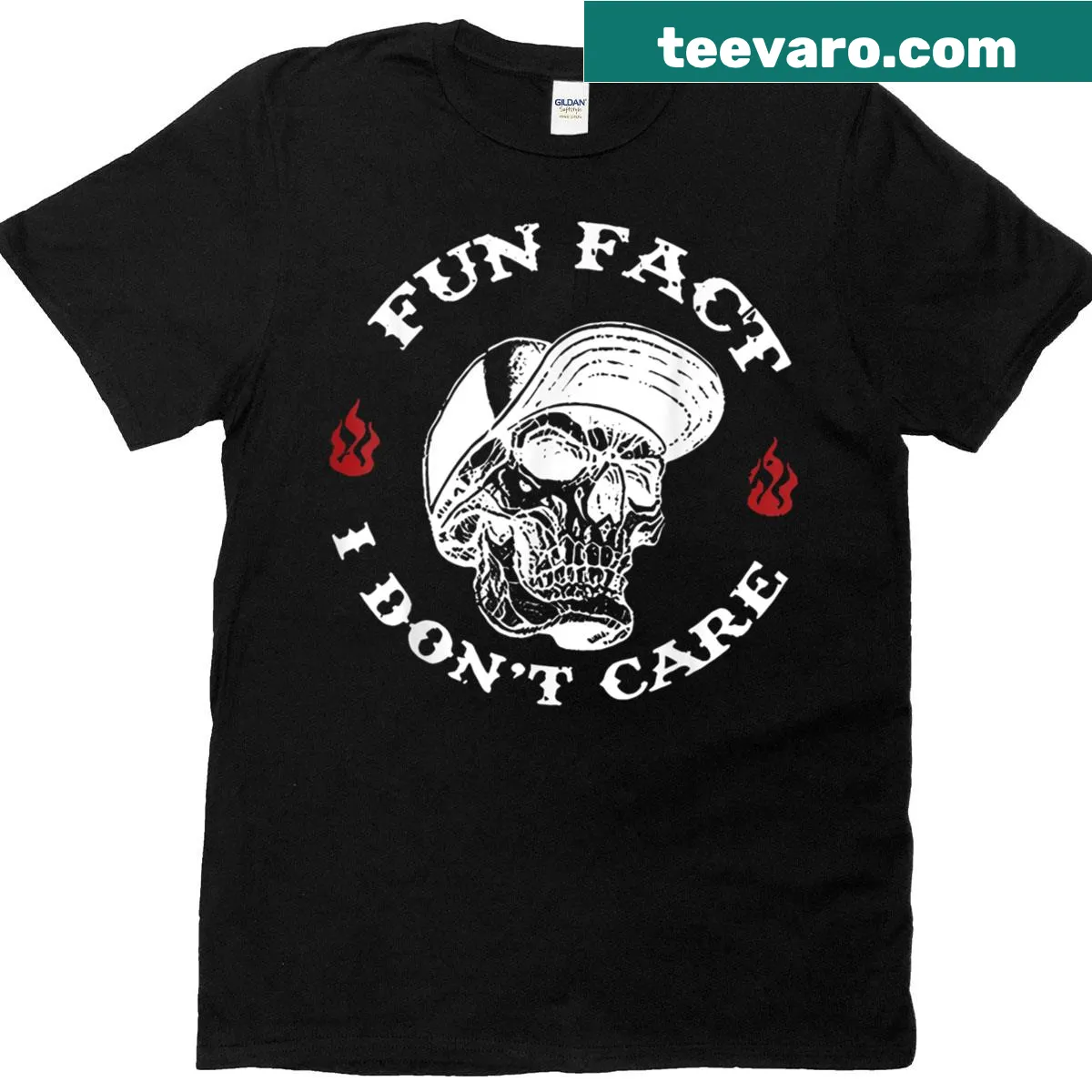 Funny skeleton T-shirt featuring the phrase 'I Don't Care'. — on a men's t-shirt