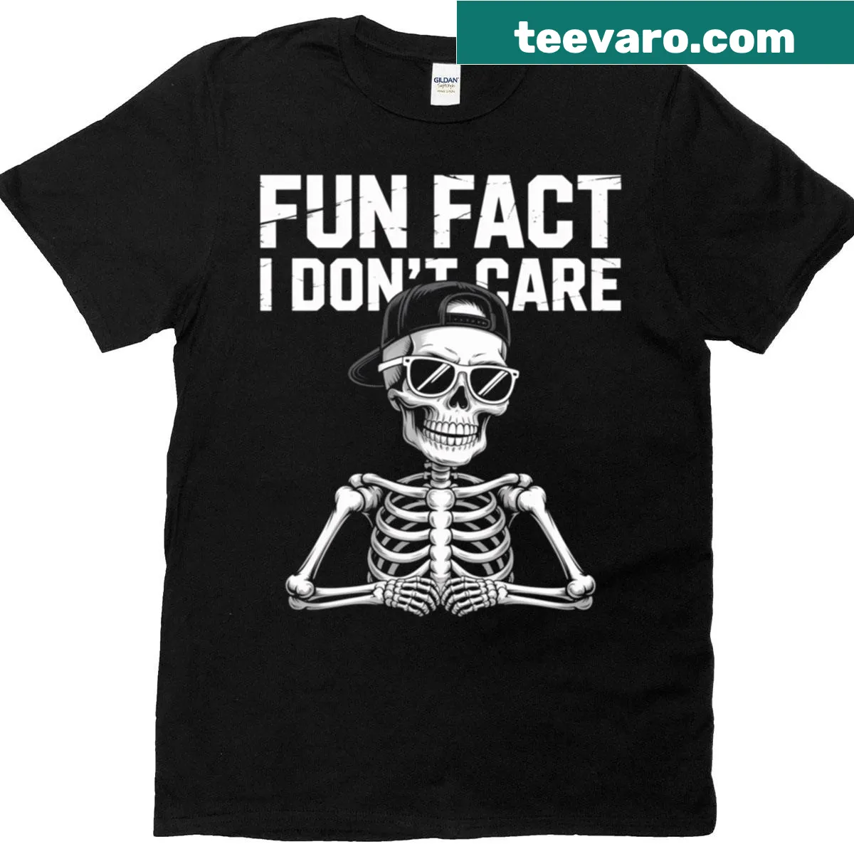 Sarcastic skeleton T-shirt with humorous text design — on a men's t-shirt