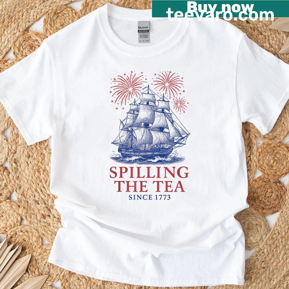 Vintage-style tee with a humorous Boston Tea Party graphic and text — on a men's t-shirt