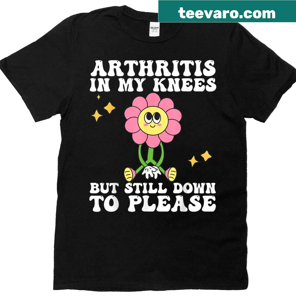 Funny T-shirt saying 'Arthritis in My Knees But Still Down to Please for Mom'. — on a men's t-shirt