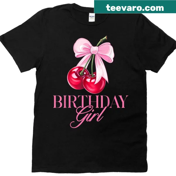 Cute birthday t-shirt with cherry design and 'Birthday Girl' text in playful font.