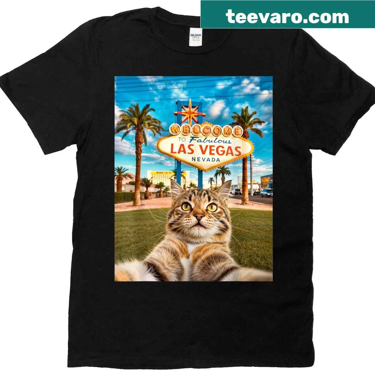 Cute cat taking a selfie on Las Vegas t-shirt — on a men's t-shirt