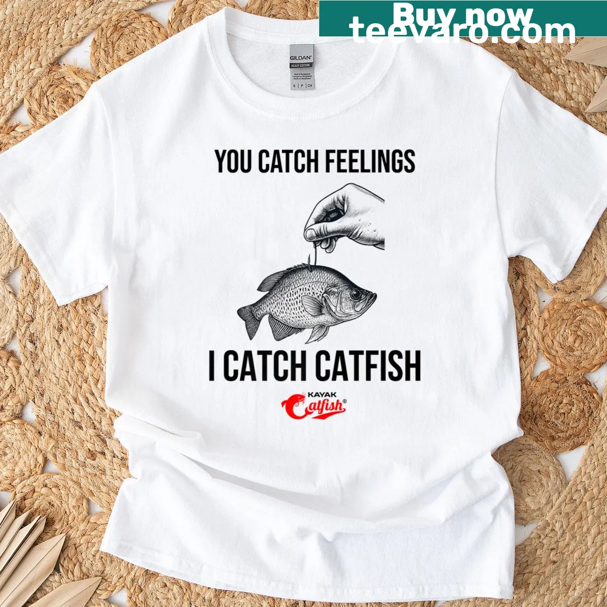 Funny fishing-themed tee with catfishing humor — on a men's t-shirt