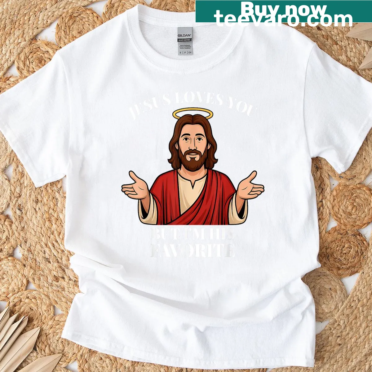 Humorous Christian-themed T-shirt — on a men's t-shirt
