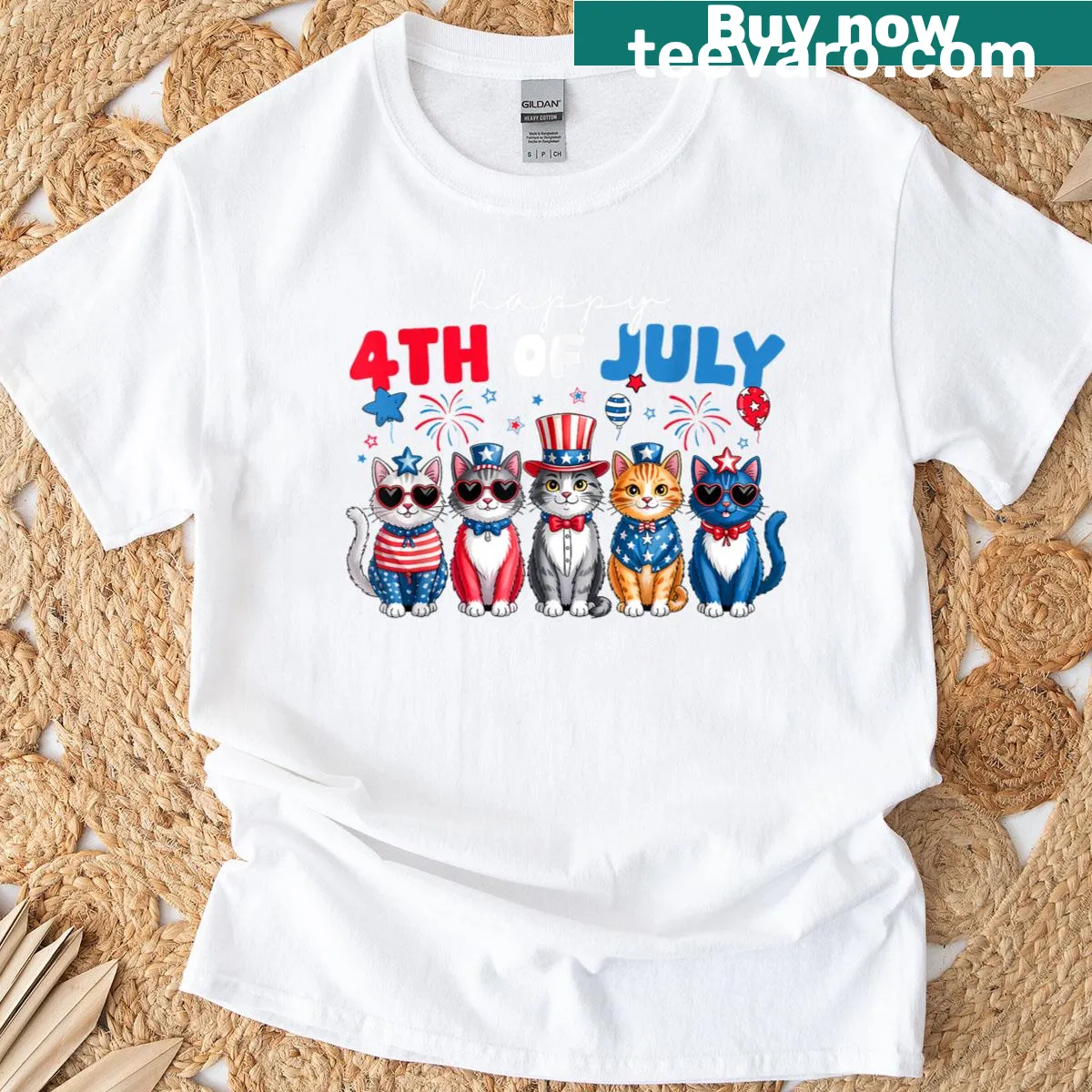 Happy Fourth of July T-shirt with playful cats — on a men's t-shirt