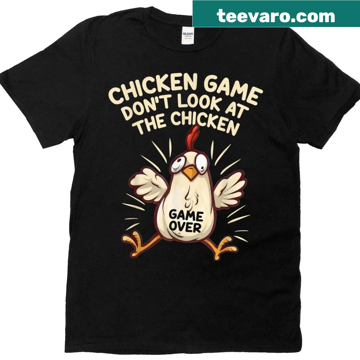 Meme-themed t-shirt with 'Don't Look At The Chicken' phrase — on a men's t-shirt