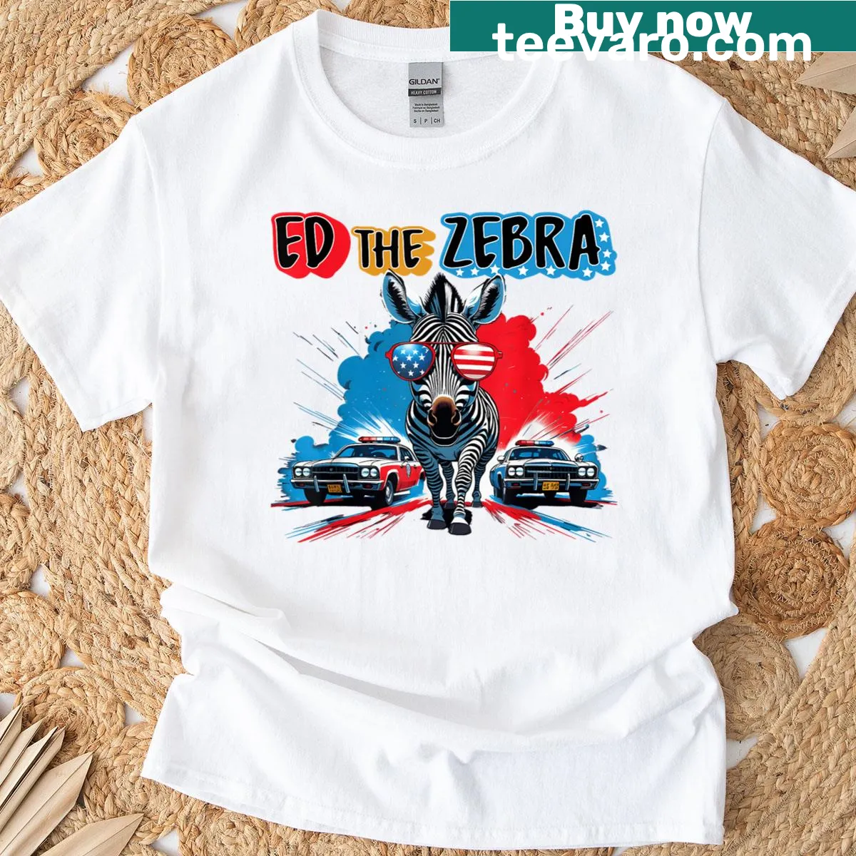 Retro-style 4th of July tee featuring Ed the Zebra in a fun graphic — on a men's t-shirt