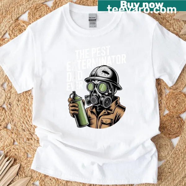 Bold Pest Dad text on a humorous pest control themed t-shirt.