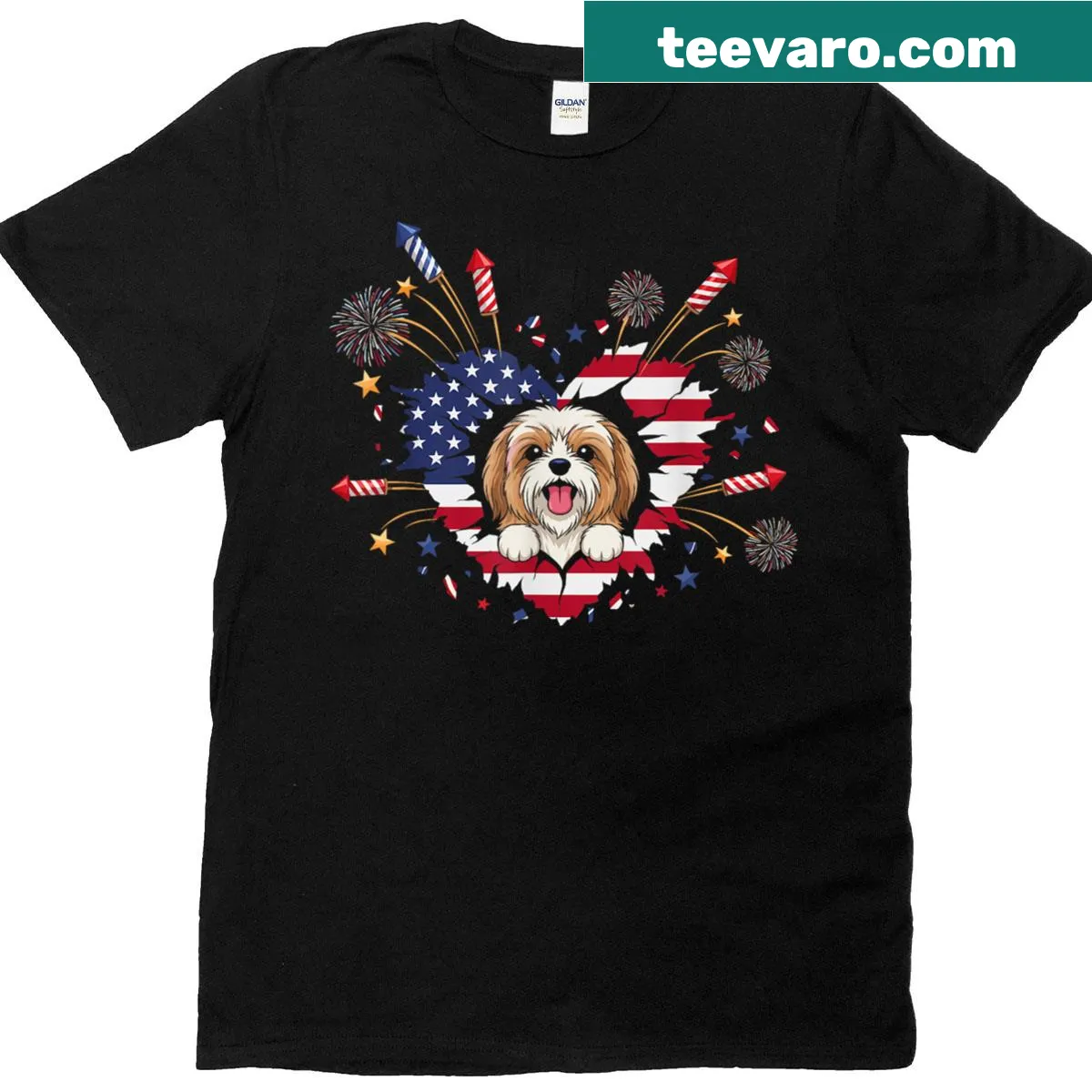 Illustration of fireworks heart and Havanese with USA flag — on a men's t-shirt