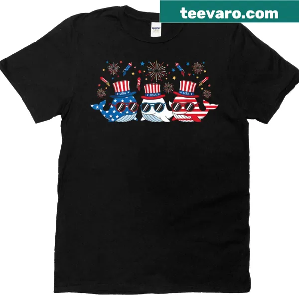 Whale with fireworks and American flag graphic T-shirt